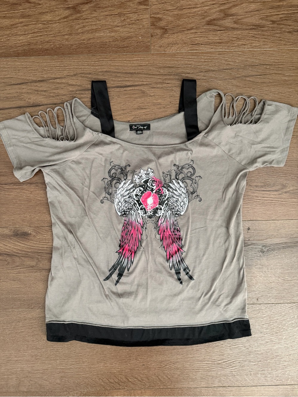 One Step Ahead Taupe Cold-Shoulder Graphic Tee with Pink Accents